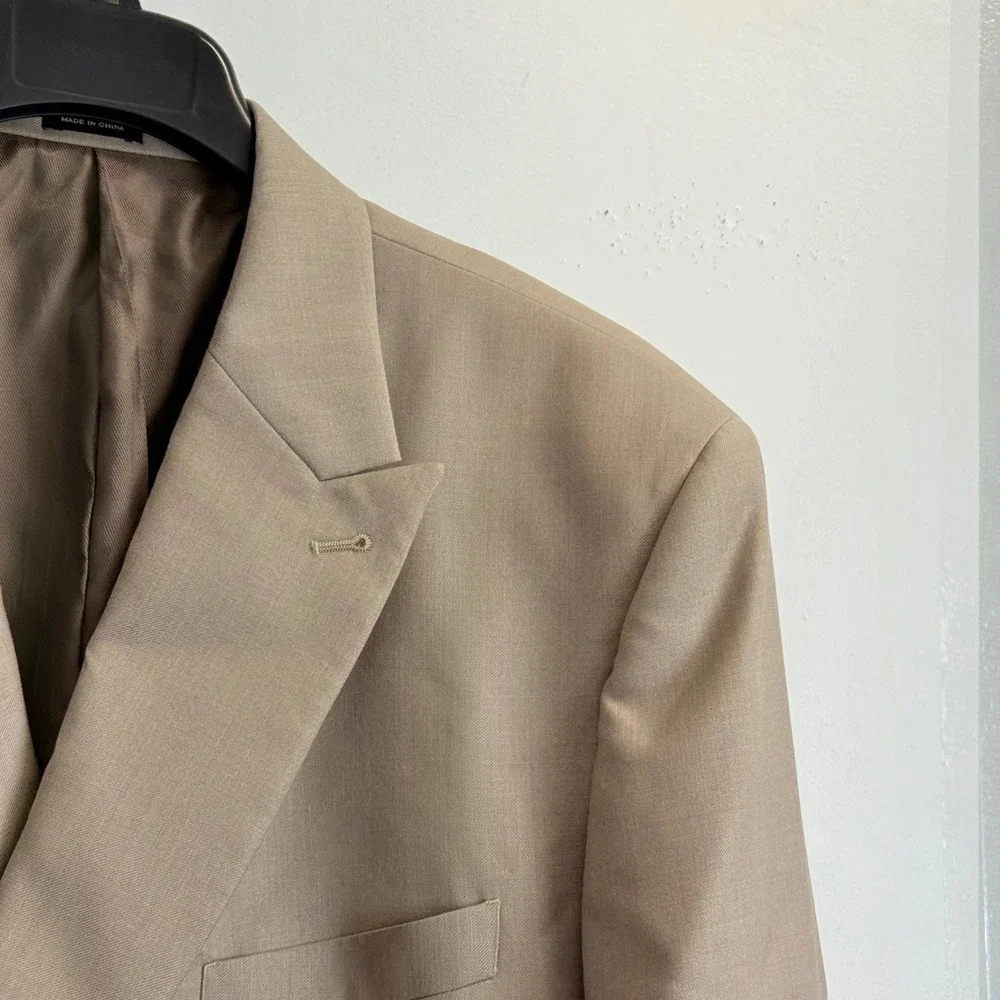 JOE Joseph Abboud Mens 46R Tan Khaki Double Breasted Peak Lapel Blazer Jacket